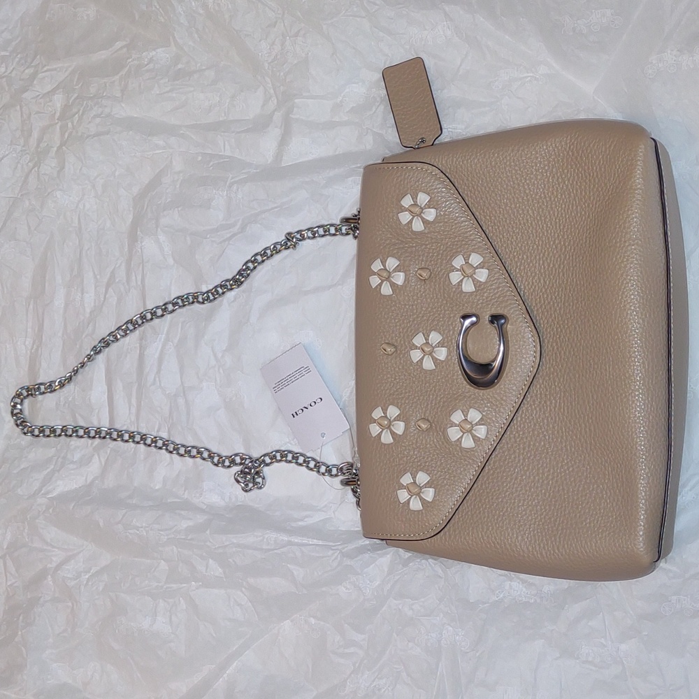 COACH Tammie Shoulder Bag with Floral Whipstitch in Taupe/Silver - Picture 6 of 12